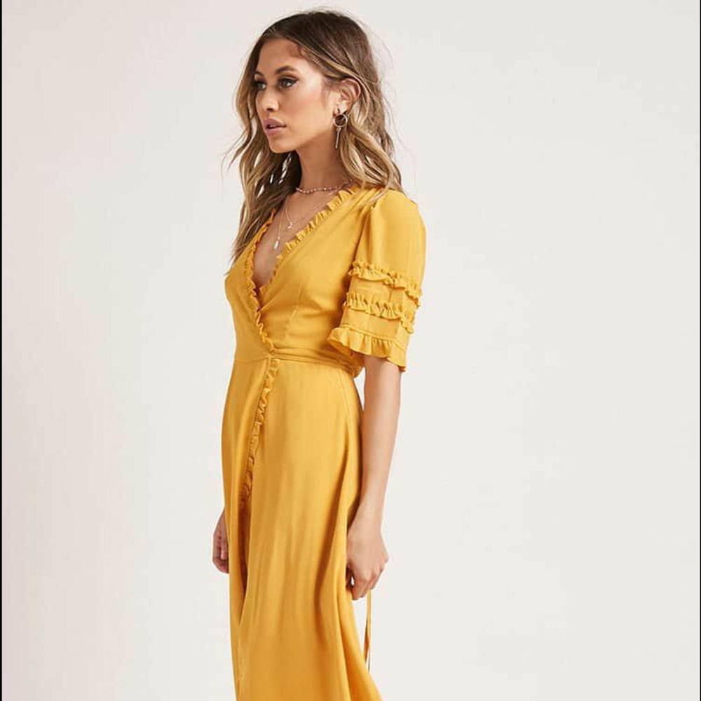 Marigold Chiffon Ruffle Trim Wrap Dress